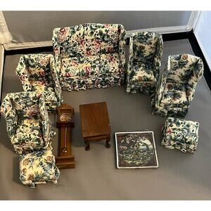 Dollhouse Furniture Living Room 10 pc  Loveseat ARm Chair‎ End Table stool Clock